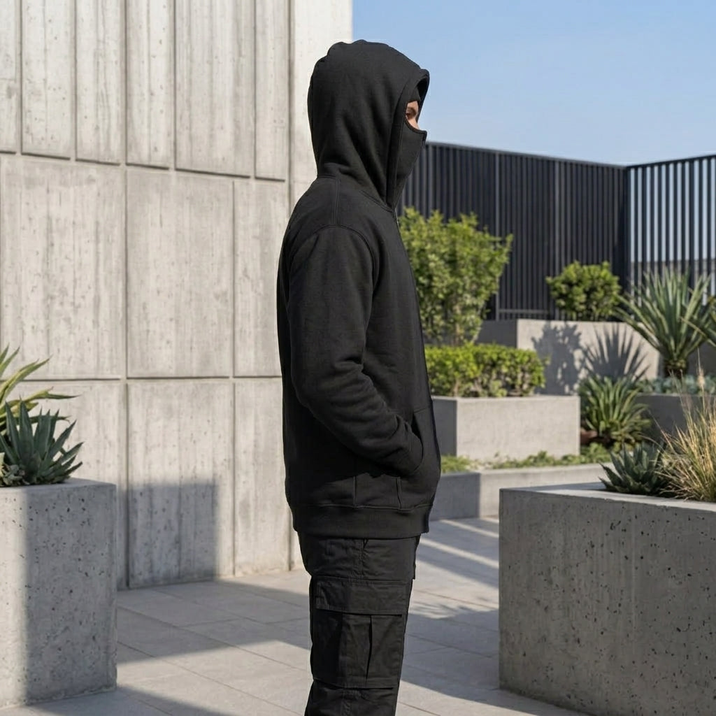 Ninja Balaclava Hoodie for Men & Women – Unisex Black Full Zip Fleece Hoodie with Built-in Face Mask - Extra Large