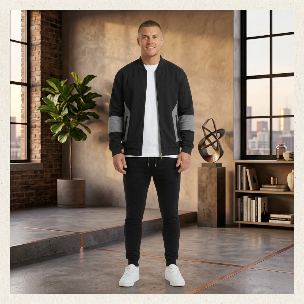 Men's Bomber Style Tracksuit - Black - L