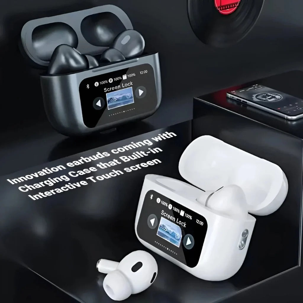 Smart Touch Screen Wireless Earbuds with ANC ENC Noise Cancellation & Spatial Audio - Black