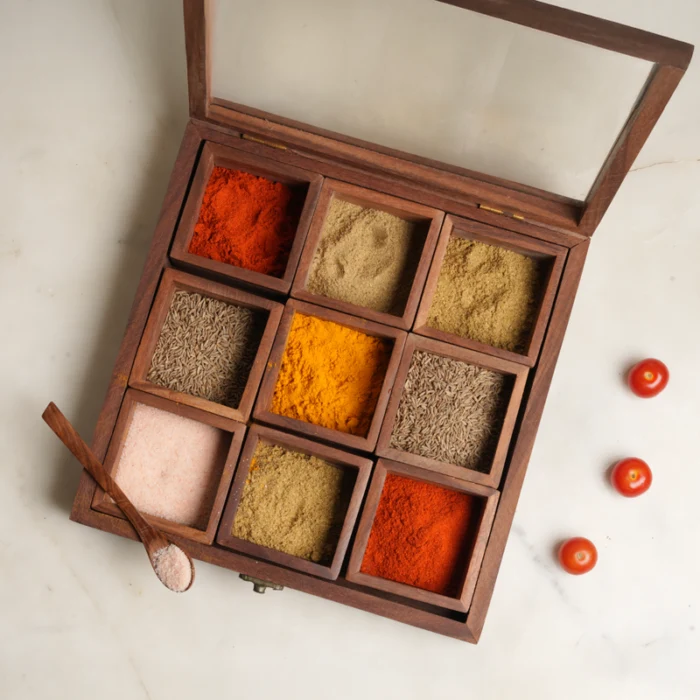 Wooden Spice Box with 9 Compartments
