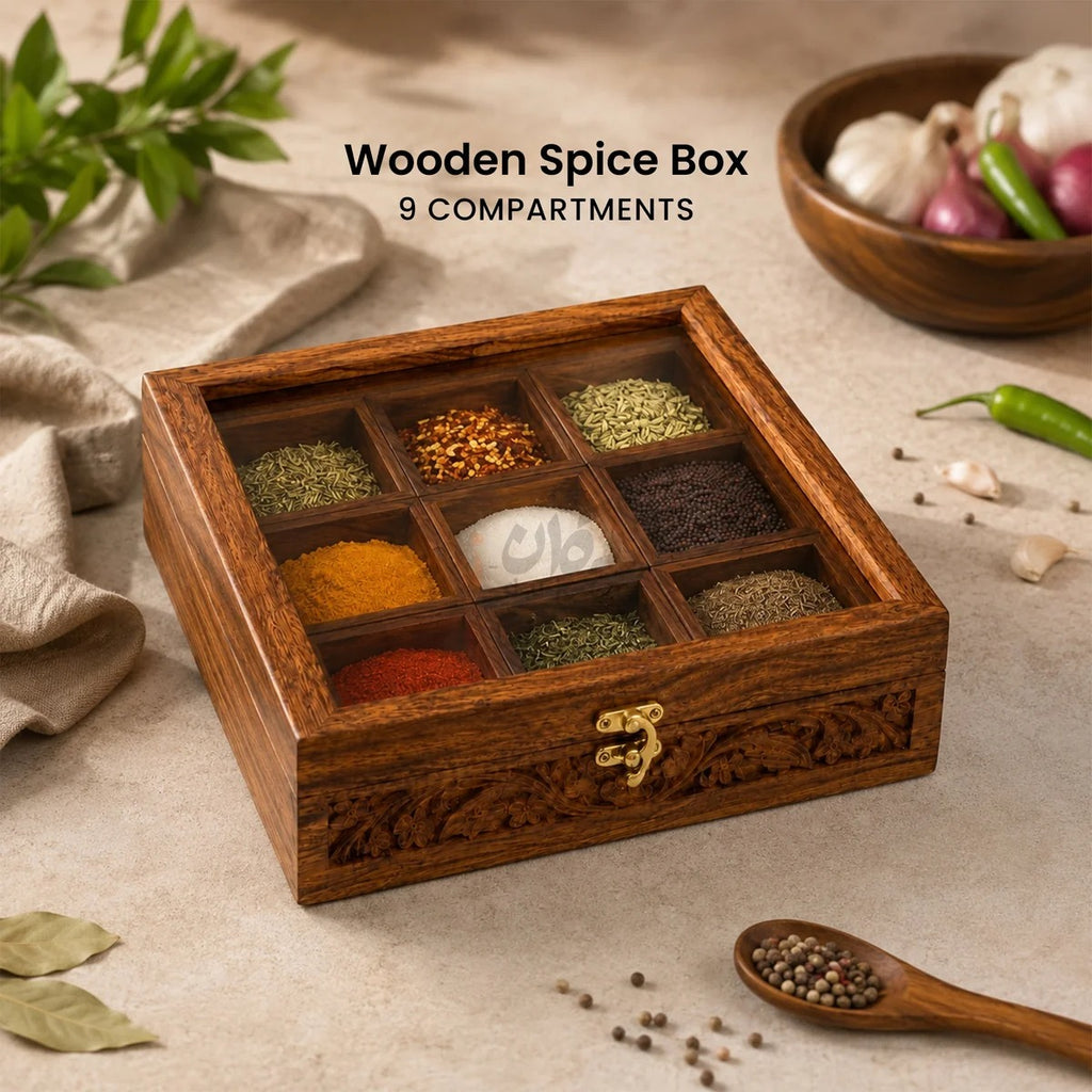Wooden Spice Box with 9 Compartments