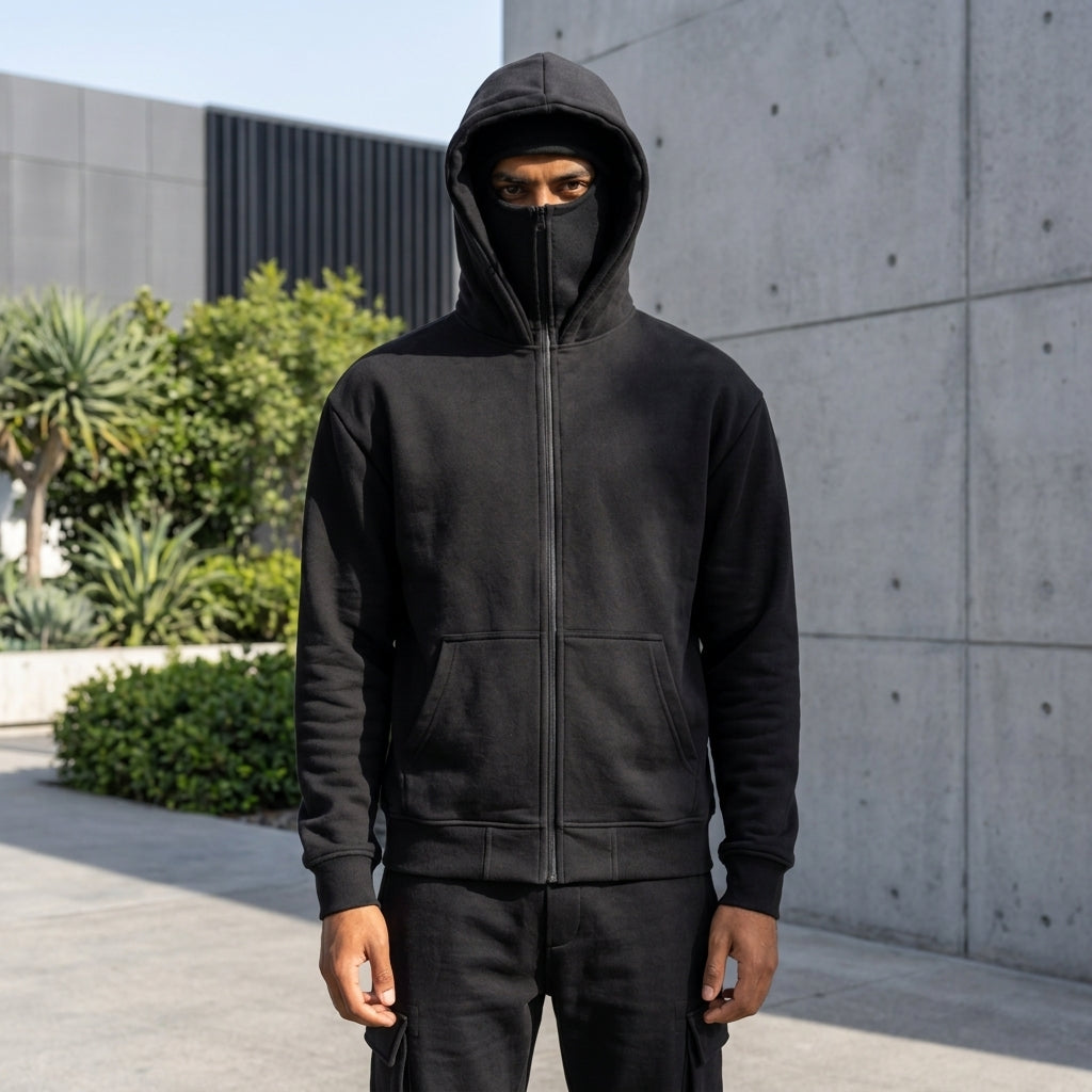 Ninja Balaclava Hoodie for Men & Women – Unisex Black Full Zip Fleece Hoodie with Built-in Face Mask - Extra Large