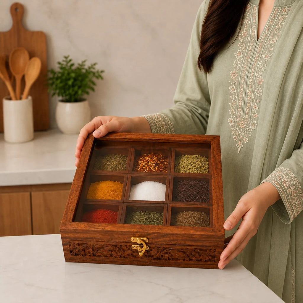 Wooden Spice Box with 9 Compartments