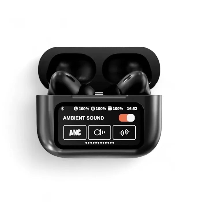 Smart Touch Screen Wireless Earbuds with ANC ENC Noise Cancellation & Spatial Audio - Black