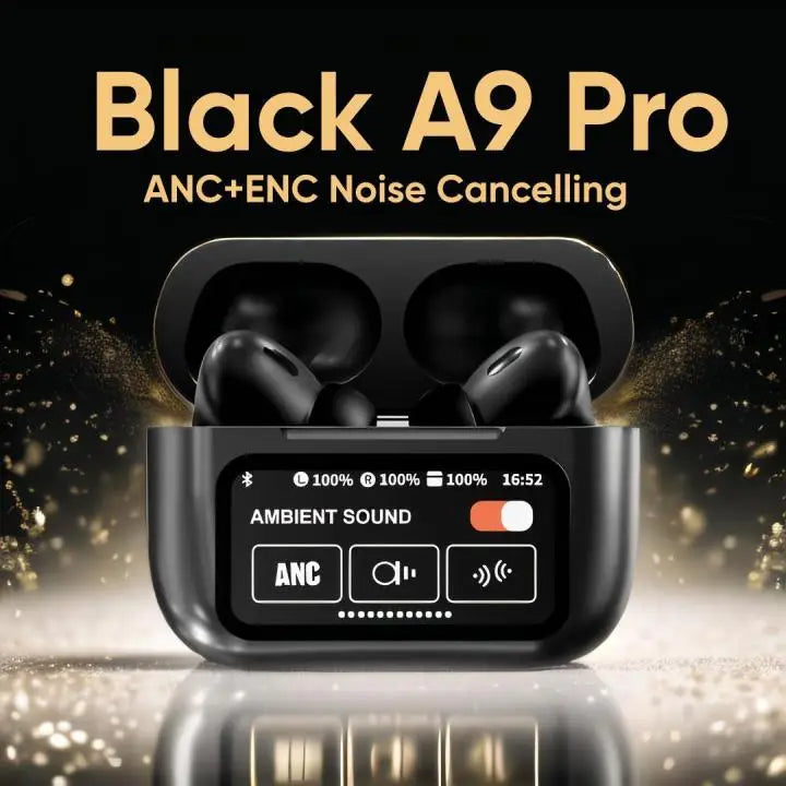 Smart Touch Screen Wireless Earbuds with ANC ENC Noise Cancellation & Spatial Audio - Black