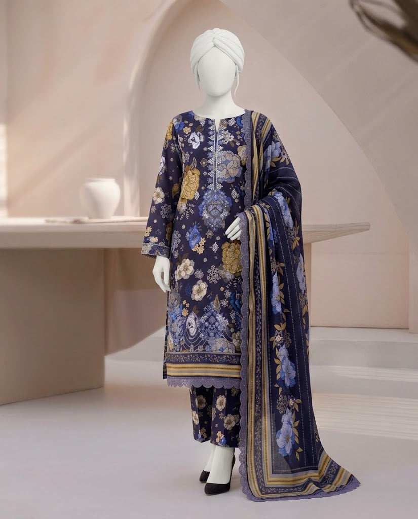 BAROQUE Embroidered Digital Printed Khaddar 3-Piece Suit - Blue