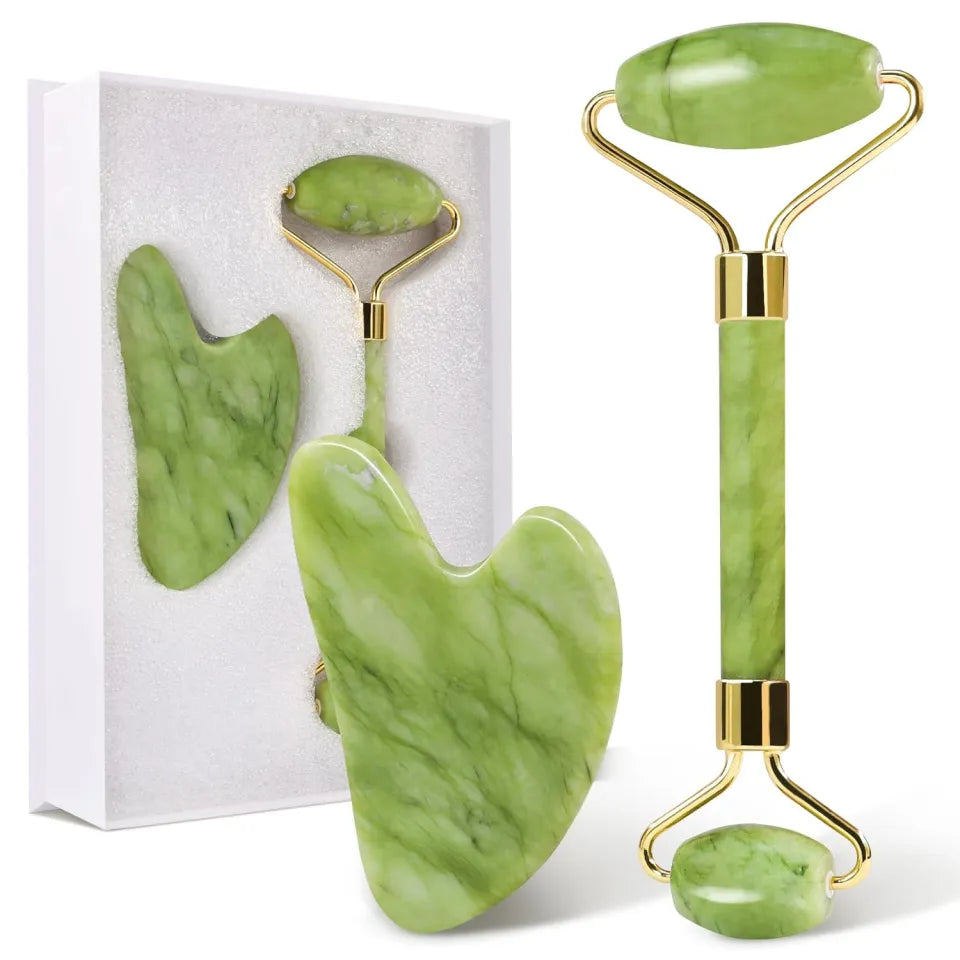 Jade Stone Roller and Gua Sha Facial Massager Set