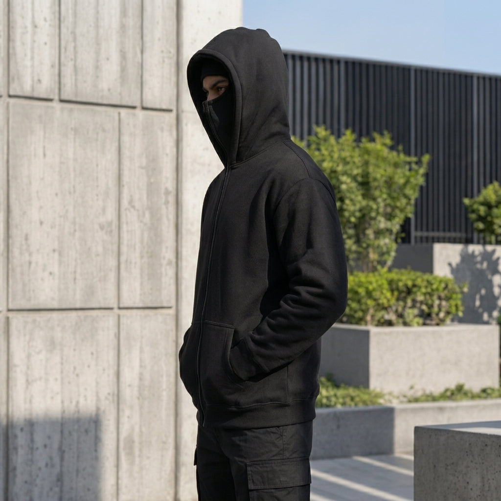 Ninja Balaclava Hoodie for Men & Women – Unisex Black Full Zip Fleece Hoodie with Built-in Face Mask - Extra Large